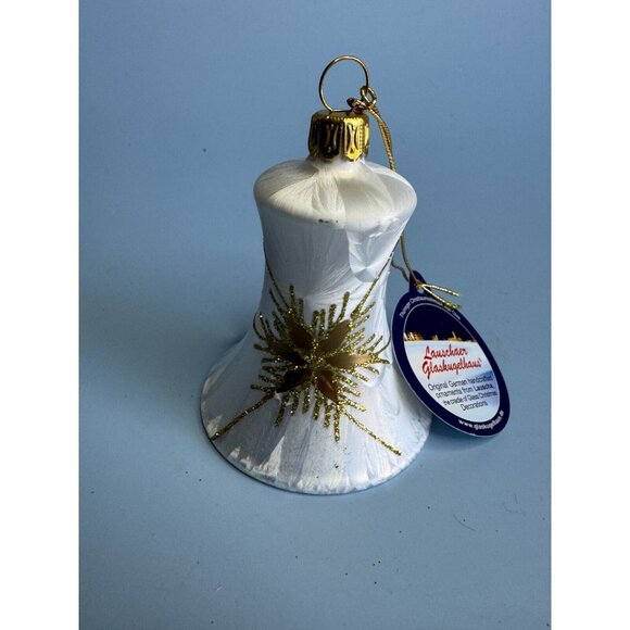 Lauscha Glassworks White Pearly Blown Glass Gold Trim Bell Ornament Germany - Picture 2 of 6